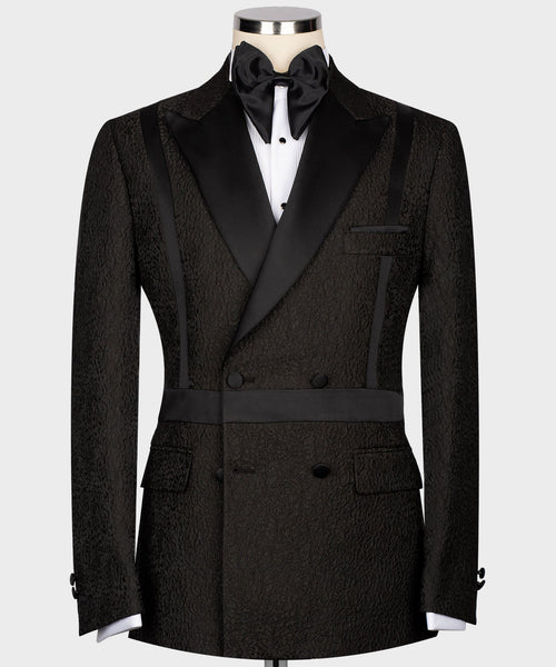 Black and Black Self Belted Double-Breasted Tuxedo