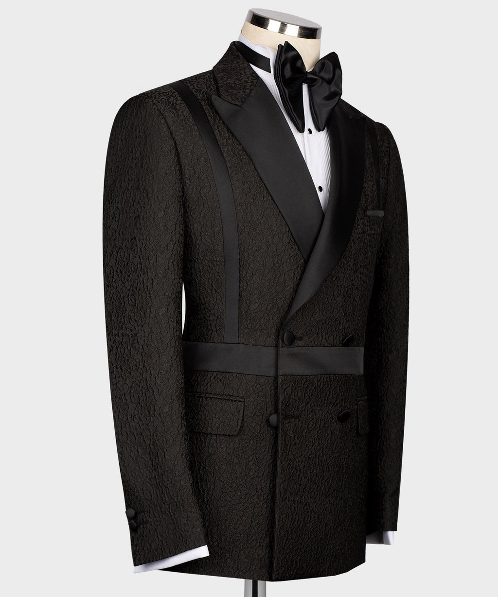 Black and Black Self Belted Double-Breasted Tuxedo
