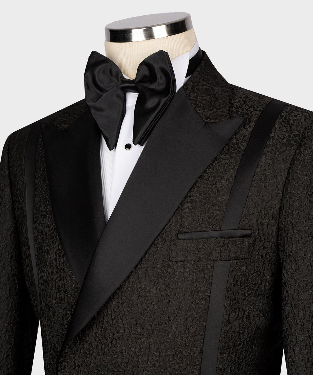 Black and Black Self Belted Double-Breasted Tuxedo