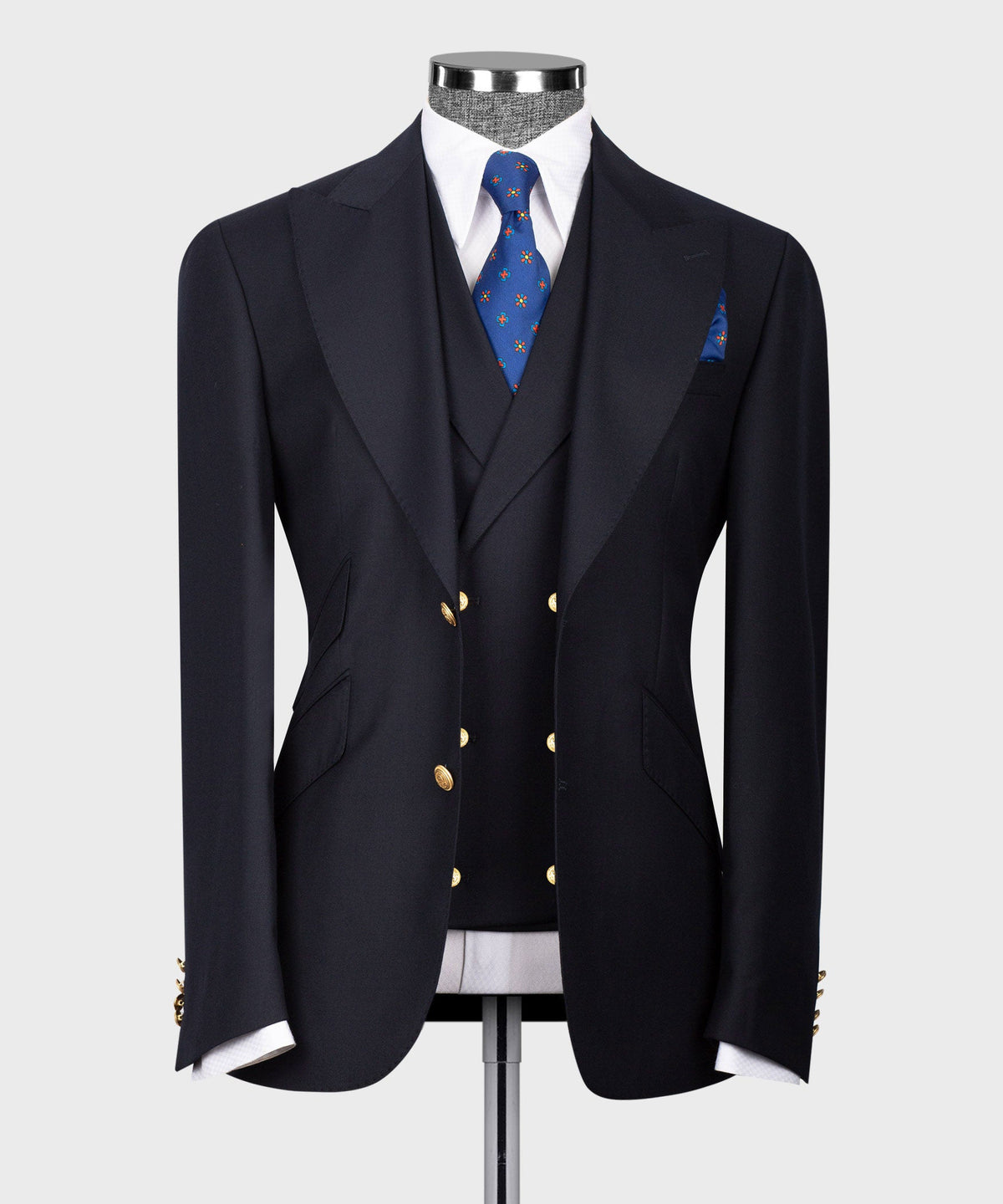 Three-Piece Suit Dark Navy Blue - Gold-Button