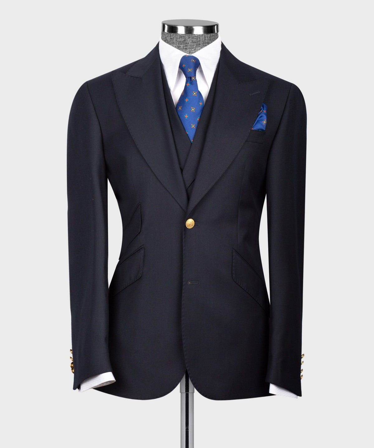 Three-Piece Suit Dark Navy Blue - Gold-Button