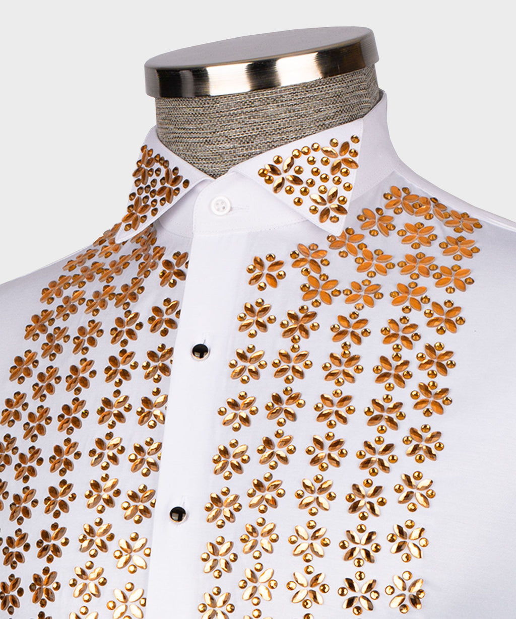White Shirt - Gold Stone-Embellished - Style 02