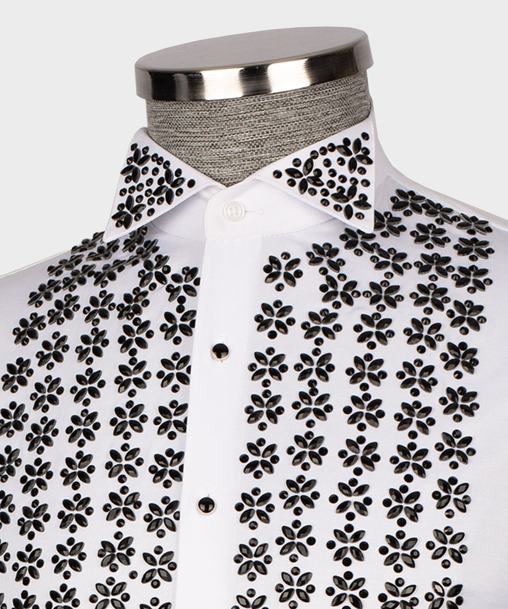 White Shirt - Black Stone-Embellished - Style 02