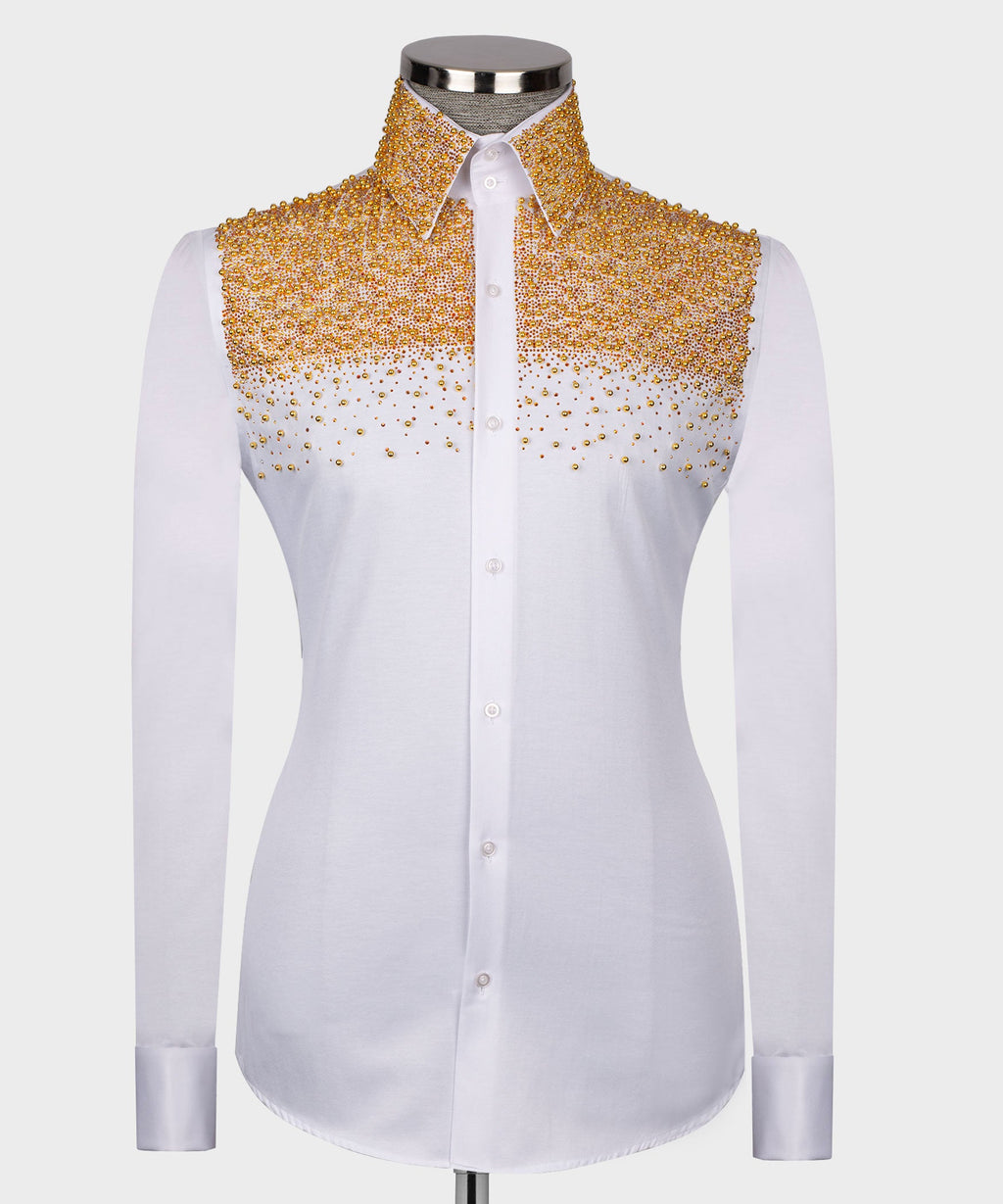 White Shirt - Gold Round Stone-Embellished