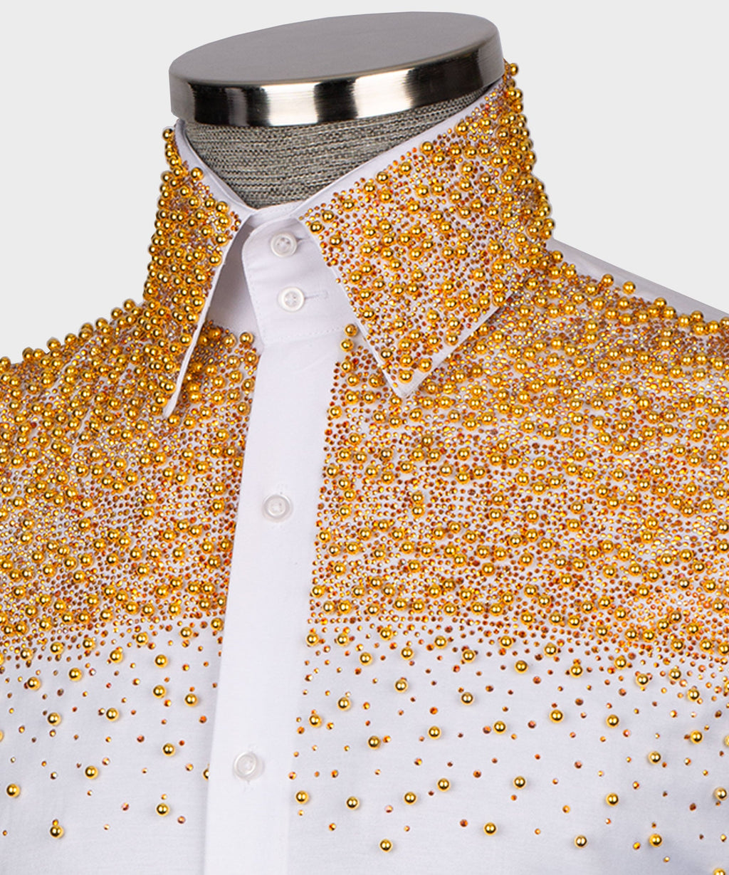 White Shirt - Gold Round Stone-Embellished