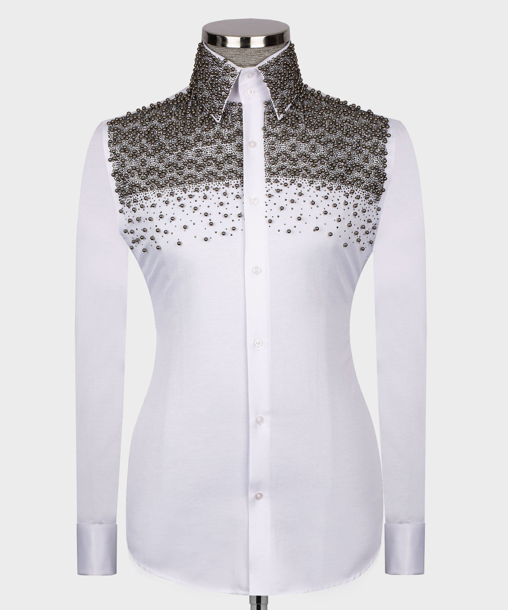 White Shirt - Grey Round Stone-Embellished