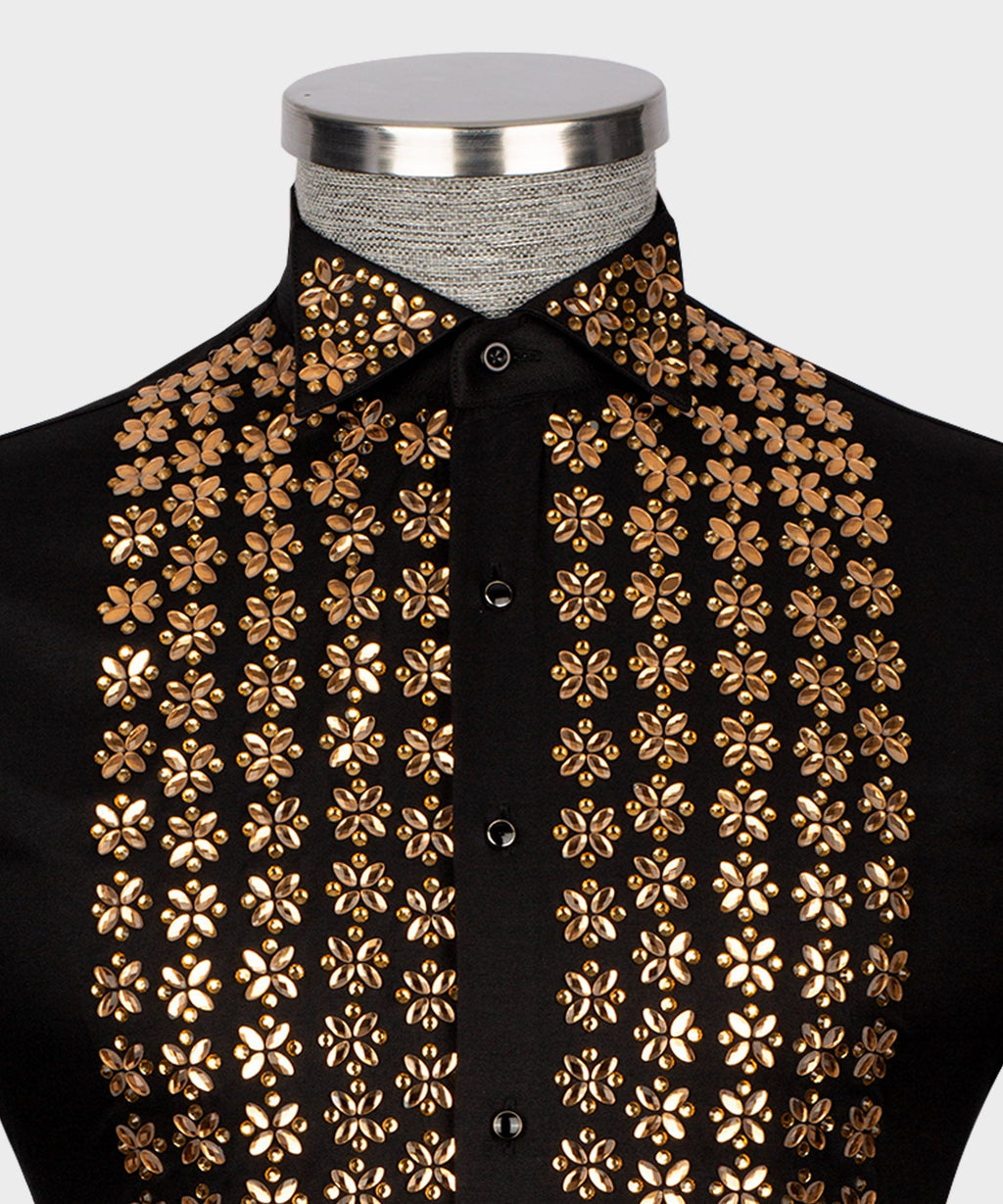 Black Shirt - Gold Stone-Embellished - Style 02