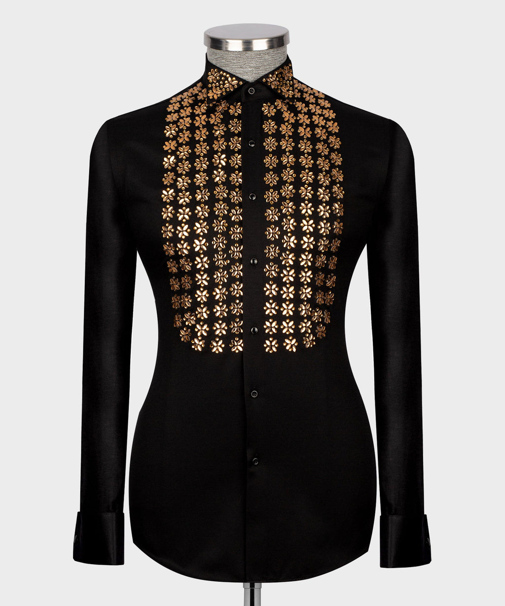Black Shirt - Gold Stone-Embellished - Style 02