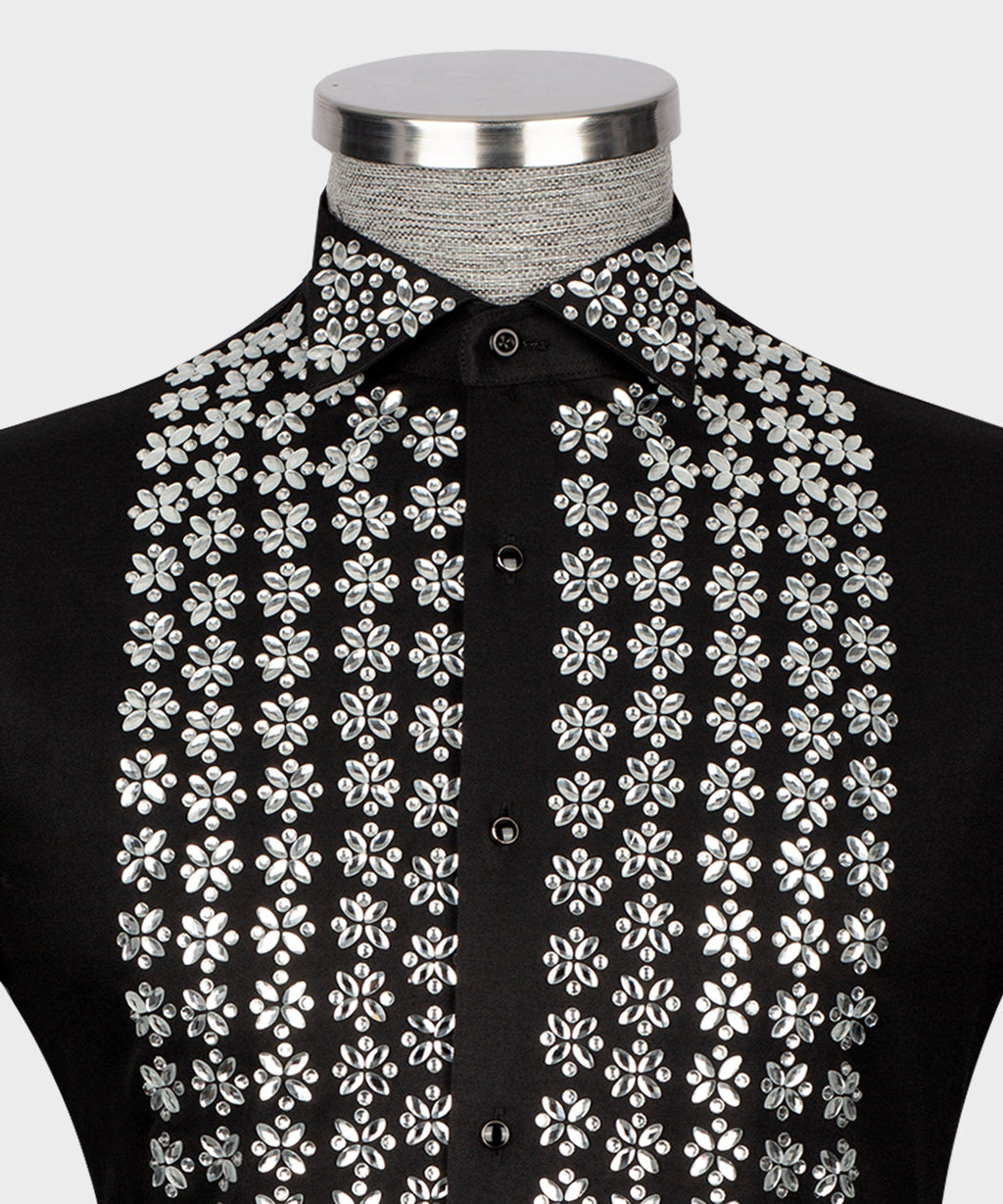 Black Shirt - Silver Stone-Embellished