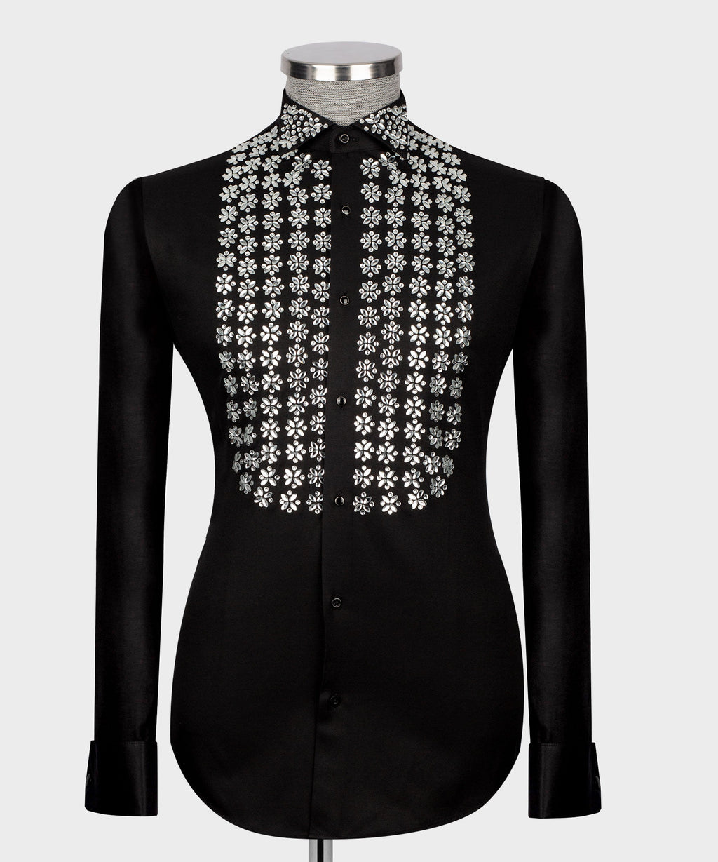Black Shirt - Silver Stone-Embellished