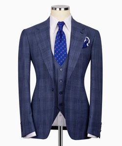 Navy Blue Plaid Three-Piece Suit - Style 01