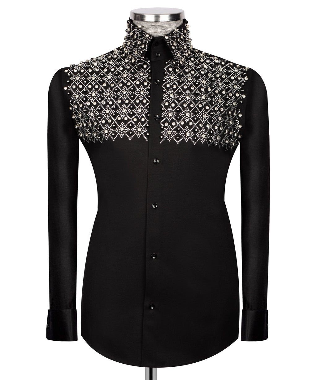 Black Stone-Embellished Dress Shirt - Style 09