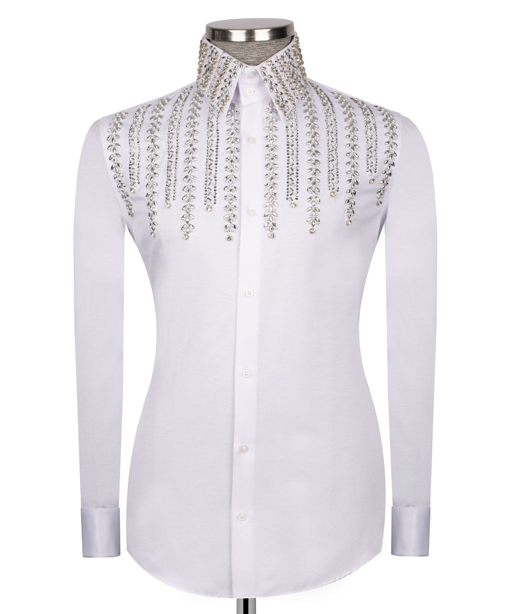 White Stone-Embellished Dress Shirt - Style 14