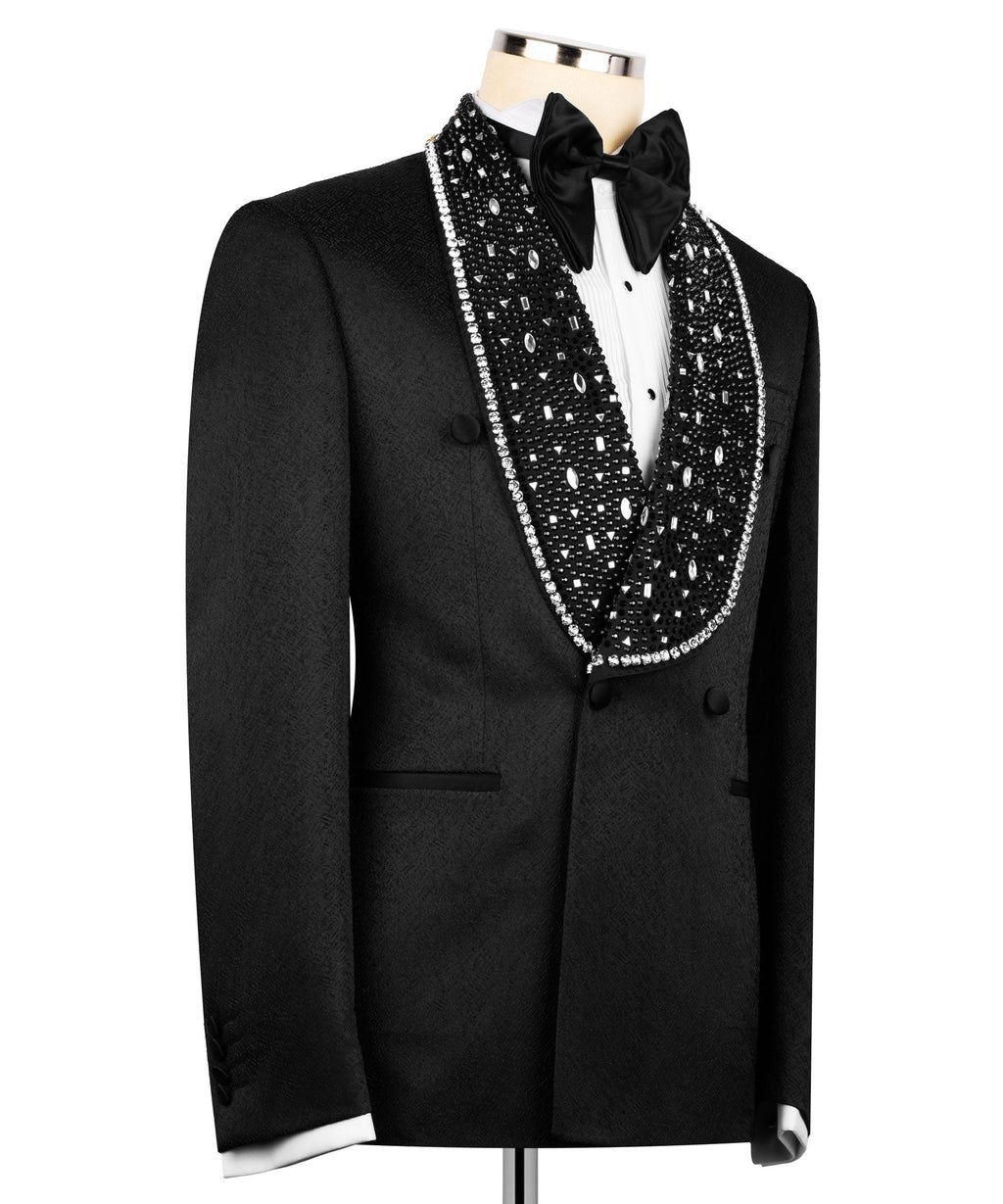 Black Belted Stone-Embellished Tuxedo - Style 02