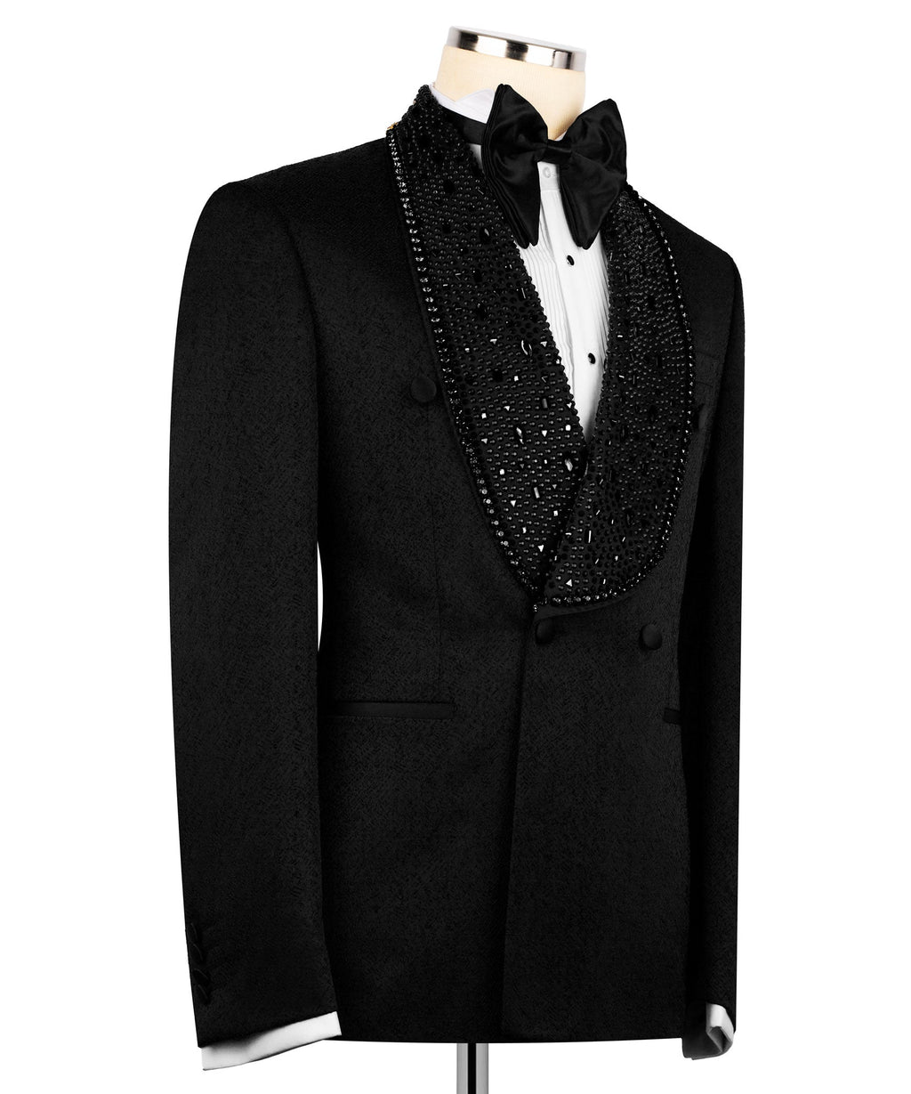 Black Belted Stone-Embellished Tuxedo - Style 01