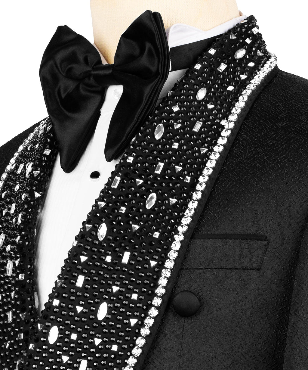 Black Belted Stone-Embellished Tuxedo - Style 02