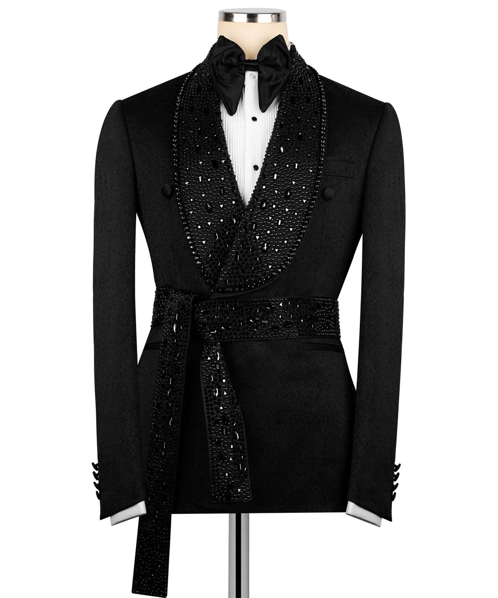 Black Belted Stone-Embellished Tuxedo - Style 01
