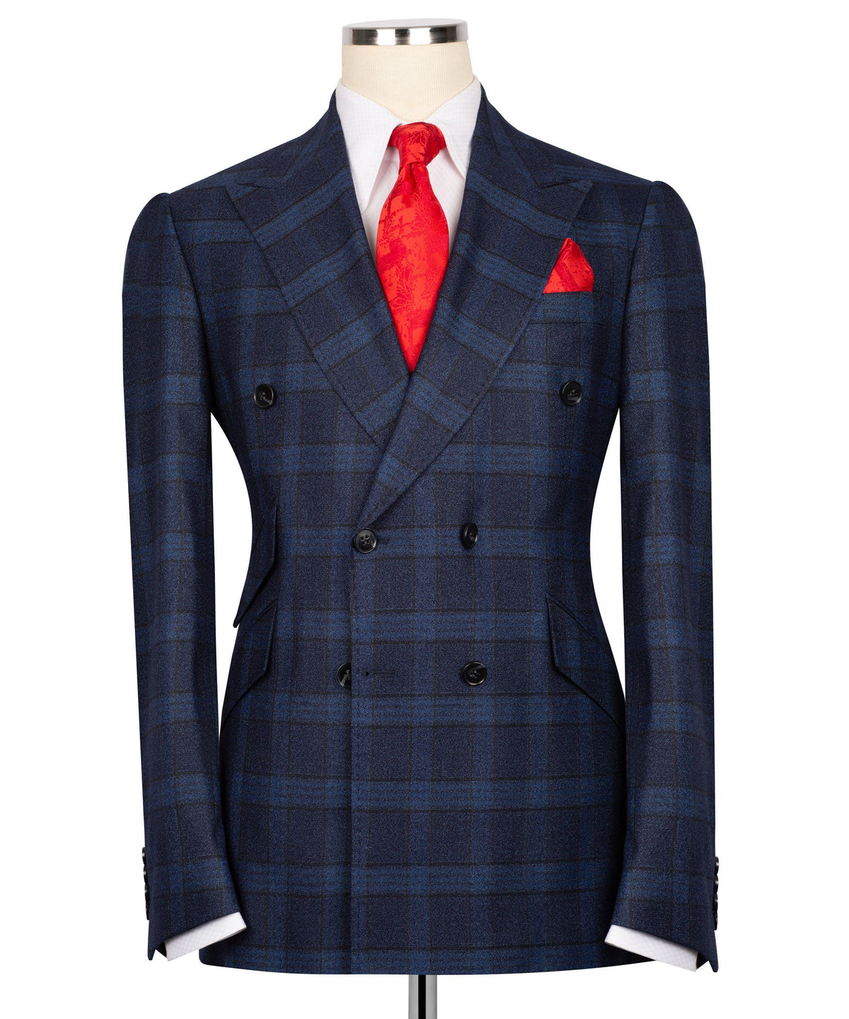 Navy Blue Plaid Double-Breasted Suit - Style 02