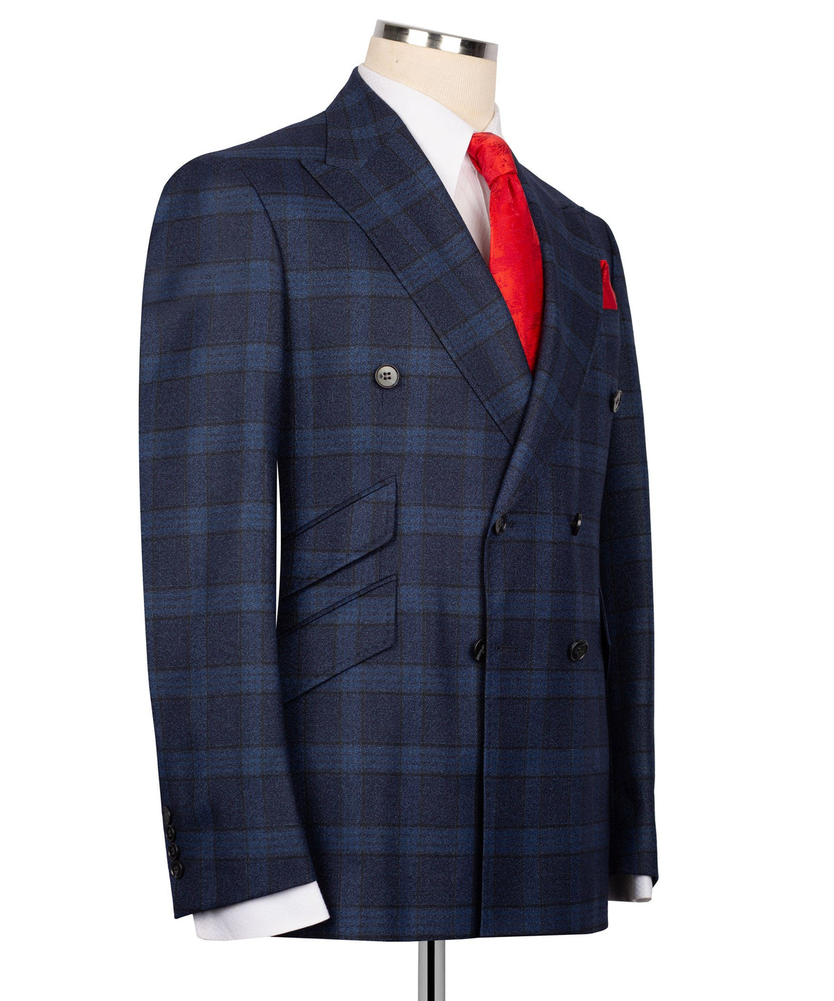 Navy Blue Plaid Double-Breasted Suit - Style 02