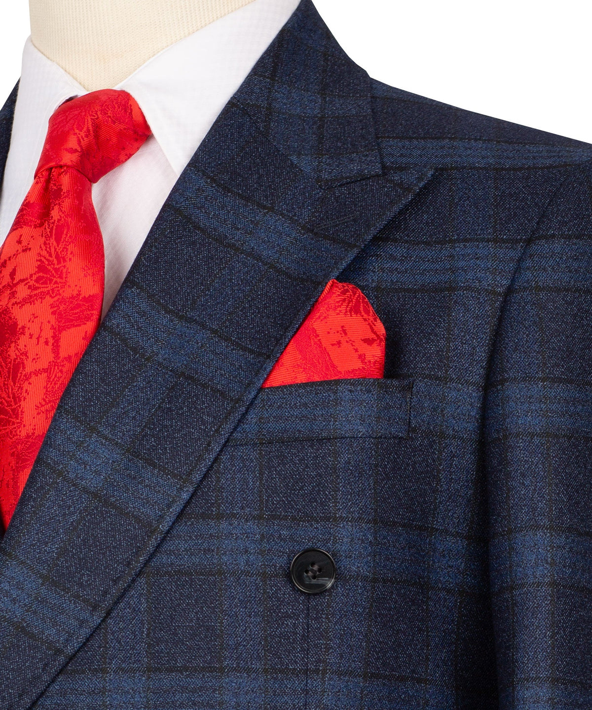 Navy Blue Plaid Double-Breasted Suit - Style 02