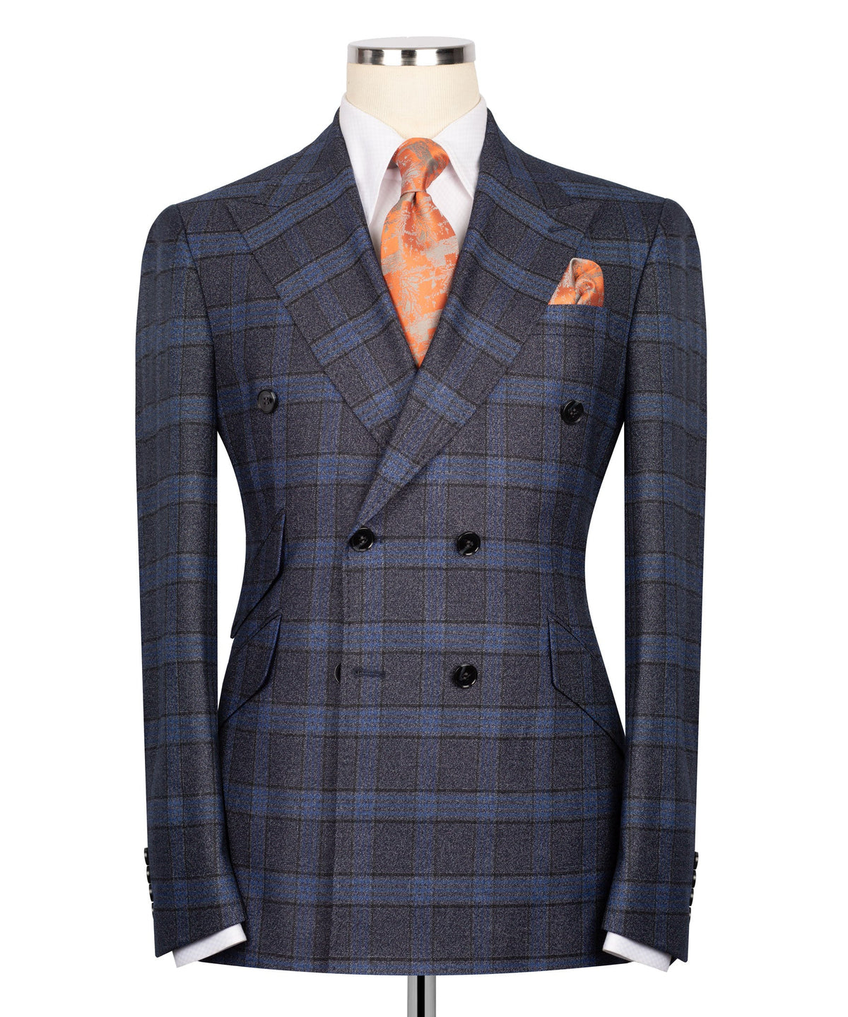 Navy Blue Plaid Double-Breasted Suit - Style 03