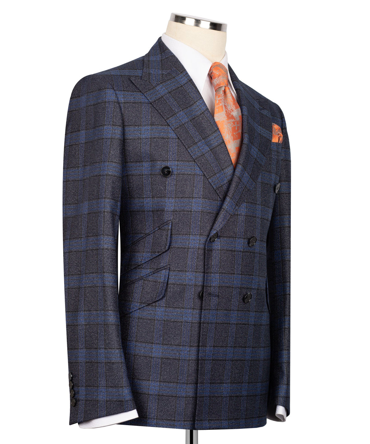 Navy Blue Plaid Double-Breasted Suit - Style 03