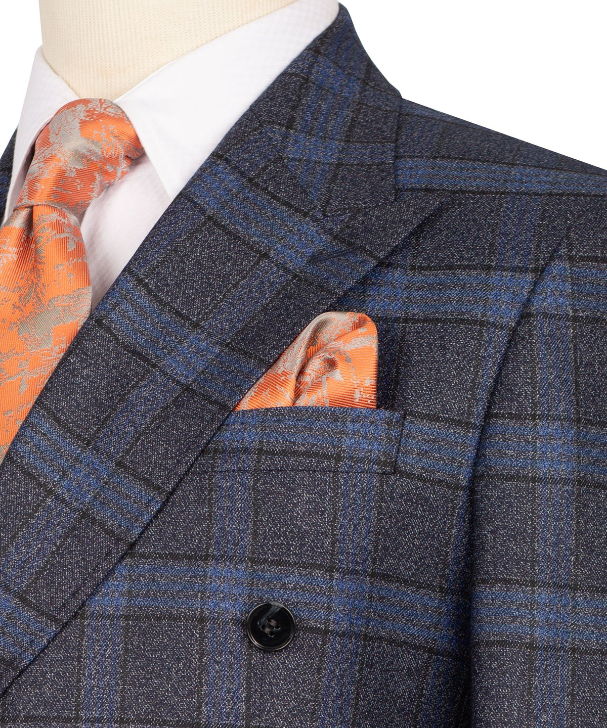 Navy Blue Plaid Double-Breasted Suit - Style 03